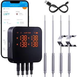 New,Wireless Meat Thermometer with 4 Probe, Smart WiFi Meat Thermometer with Unlimited Range App Notification Alert, Digital