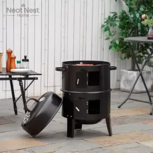 Vertical Charcoal BBQ Smoker,16" Round Charcoal Barbecue Grill,2 Cooking Area,Thermometer for Outdoor Camping Cooking, Black