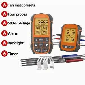4-in-1 Multifunction Food Meat Thermometer 150m Wireless Transmission 1.4m Temperature Measure Backlight Alarm Timer Dual LCD