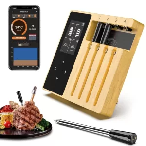 Smart Wireless Meat Thermometer - 4 Ceramics Probes,Upgraded Large Split Screen, Temperature Alert, Long-Range Bluetooth App or
