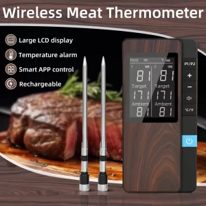 Wireless Meat Thermometer Digital Bluetooth Probe Thermometer Rechargeable with LCD Screen & Mobile APP for BBQ Oven Rotisserie